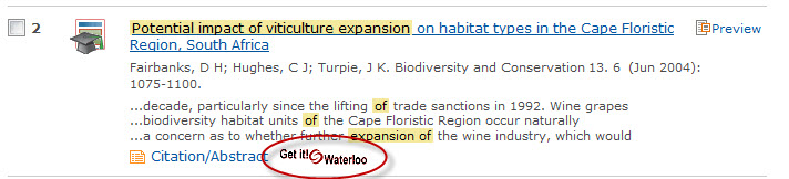 Find an article in a database and click on the Get It! button